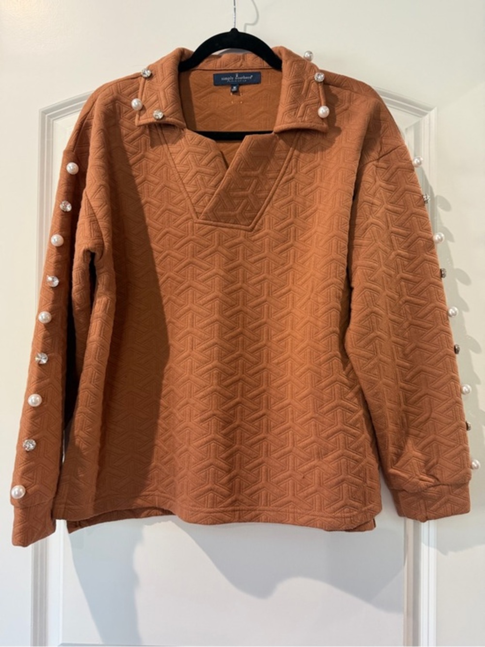 Simply Southern Rust Quilted V-Notch Sweater with Pearl Trim
